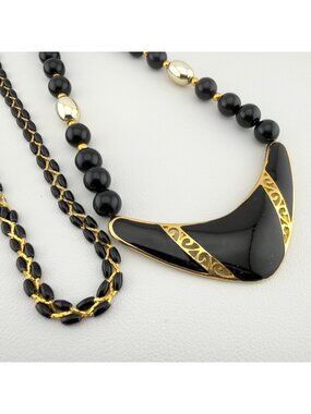Vintage Black Enamel Beaded Pendant Necklace Set Layered Gold Tone